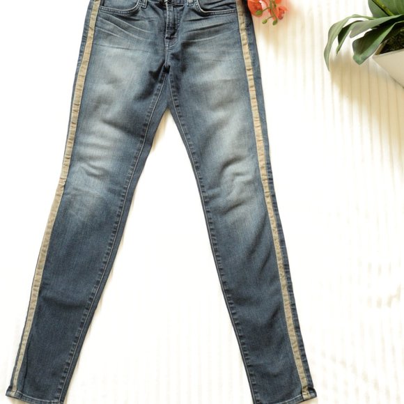 J Brand Kacie Mid Rise Tuxedo Stripe Leather Side Stripe Skinny Jeans | 27 - Picture 6 of 9
